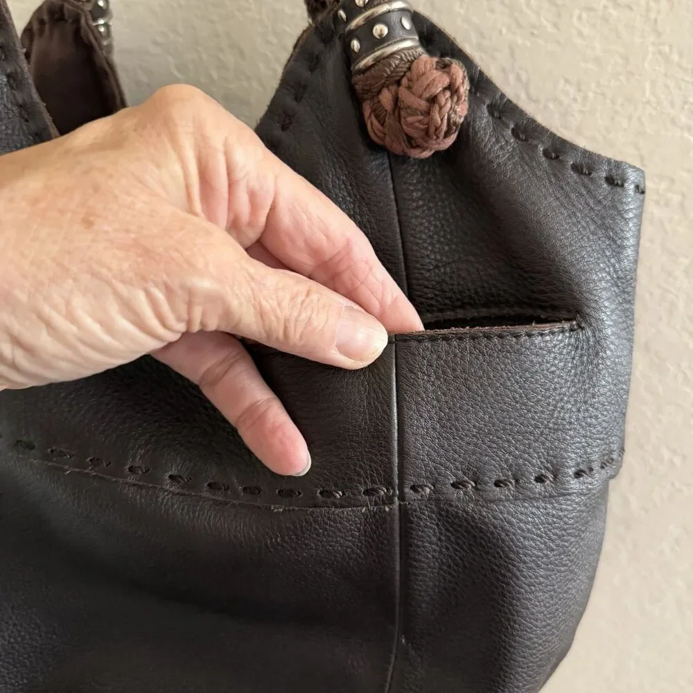 The Sak Slouchy Bucket Hobo Bag Black Leather Braided Straps Studs Y2K Purse